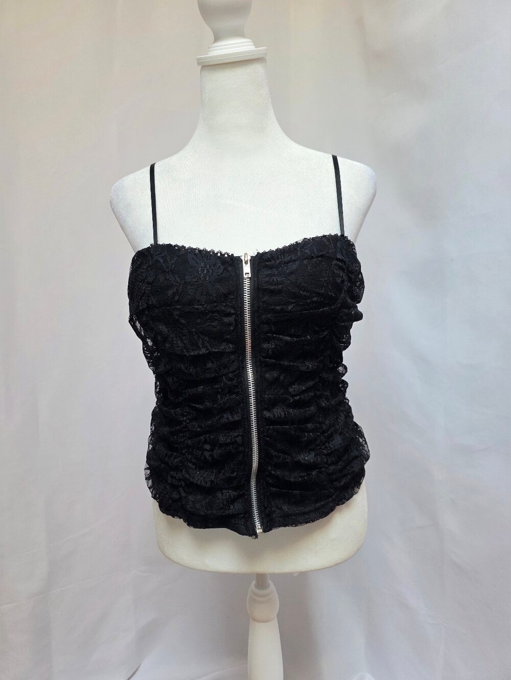Cotton Express Black Lace Ruched Zip Front Cami Tank Top Y2K Size Large